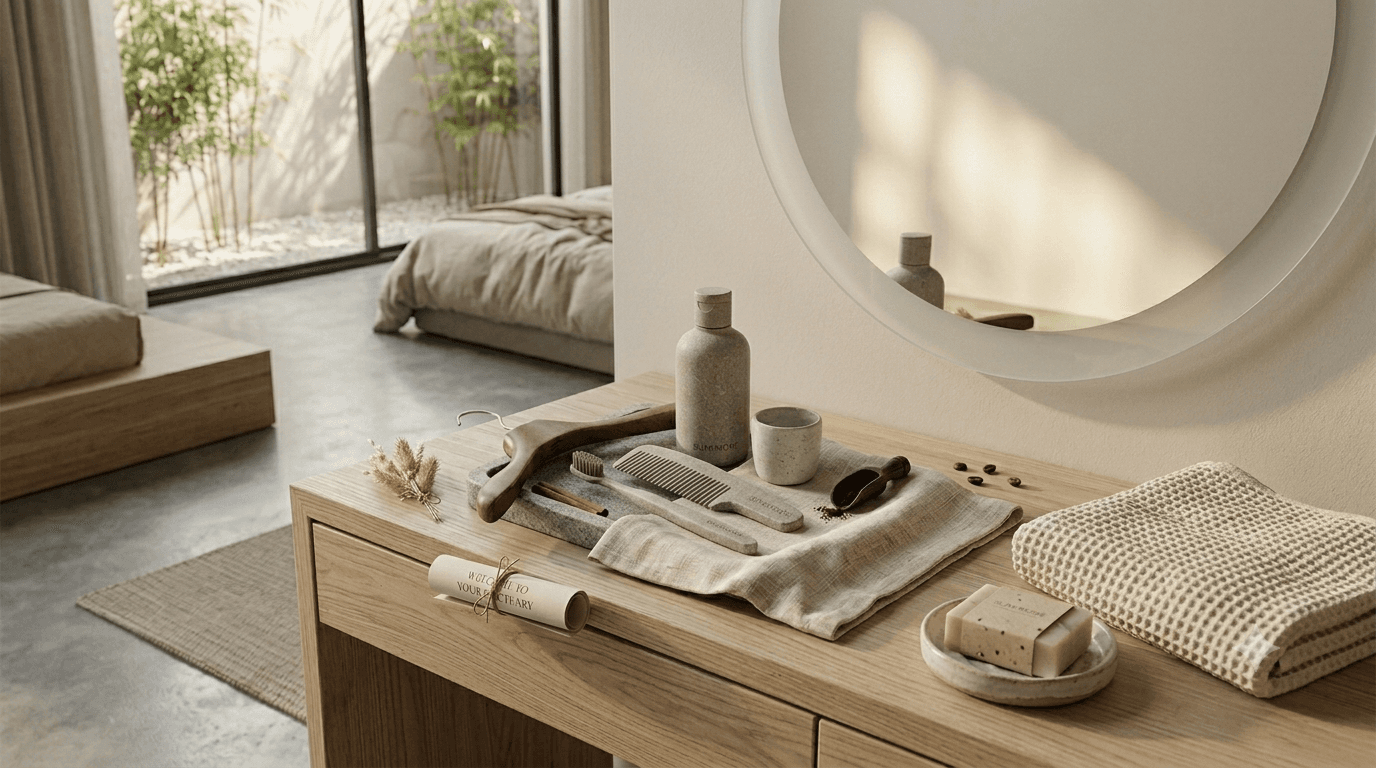 SUM:MORE LAB sustainable oral care products in a serene, minimalist bathroom setting